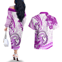 Polynesia Paisley Couples Matching Off The Shoulder Long Sleeve Dress and Hawaiian Shirt Mix Pink Polynesian Pattern LT05 - Polynesian Pride