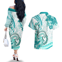 Polynesia Paisley Couples Matching Off The Shoulder Long Sleeve Dress and Hawaiian Shirt Mix Teal Polynesian Pattern LT05 - Polynesian Pride