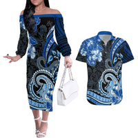 Polynesia Paisley Couples Matching Off The Shoulder Long Sleeve Dress and Hawaiian Shirt Mix Blue Polynesian Pattern LT05 Blue - Polynesian Pride