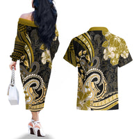 Polynesia Paisley Couples Matching Off The Shoulder Long Sleeve Dress and Hawaiian Shirt Mix Gold Polynesian Pattern LT05 - Polynesian Pride
