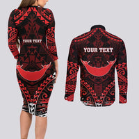 Personalised Easter Island Couples Matching Long Sleeve Bodycon Dress and Long Sleeve Button Shirt Polynesian Pattern Emblem