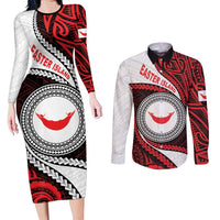 Easter Island Couples Matching Long Sleeve Bodycon Dress and Long Sleeve Button Shirt Moai Statues Polynesian Style