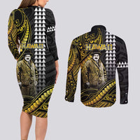 Hawaii Kuhio The Citizen Prince Couples Matching Long Sleeve Bodycon Dress and Long Sleeve Button Shirt Gold Polynesian Tribal Tattoo LT05 - Polynesian Pride