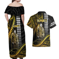 Hawaii Kuhio The Citizen Prince Couples Matching Off Shoulder Maxi Dress and Hawaiian Shirt Gold Polynesian Tribal Tattoo