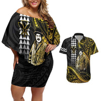 Hawaii Kuhio The Citizen Prince Couples Matching Off Shoulder Short Dress and Hawaiian Shirt Gold Polynesian Tribal Tattoo LT05 Gold - Polynesian Pride