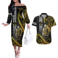 Hawaii Kuhio The Citizen Prince Couples Matching Off The Shoulder Long Sleeve Dress and Hawaiian Shirt Gold Polynesian Tribal Tattoo LT05 Gold - Polynesian Pride