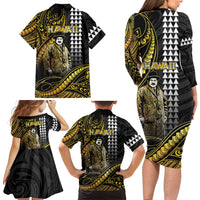 Hawaii Kuhio The Citizen Prince Family Matching Long Sleeve Bodycon Dress and Hawaiian Shirt Gold Polynesian Tribal Tattoo