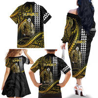 Hawaii Kuhio The Citizen Prince Family Matching Off The Shoulder Long Sleeve Dress and Hawaiian Shirt Gold Polynesian Tribal Tattoo