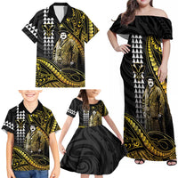 Hawaii Kuhio The Citizen Prince Family Matching Off Shoulder Maxi Dress and Hawaiian Shirt Gold Polynesian Tribal Tattoo