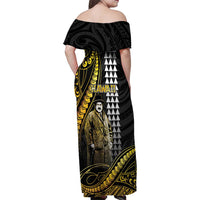 Hawaii Kuhio The Citizen Prince Family Matching Off Shoulder Maxi Dress and Hawaiian Shirt Gold Polynesian Tribal Tattoo