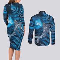 New Zealand Matariki Couples Matching Long Sleeve Bodycon Dress and Long Sleeve Button Shirt Maori Koru With Humpback Whale Blue