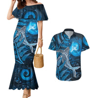 New Zealand Matariki Couples Matching Mermaid Dress and Hawaiian Shirt Maori Koru With Humpback Whale Blue