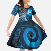 New Zealand Matariki Family Matching Mermaid Dress and Hawaiian Shirt Maori Koru With Humpback Whale Blue LT05 Daughter's Dress Blue - Polynesian Pride