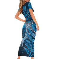 New Zealand Matariki Family Matching Short Sleeve Bodycon Dress and Hawaiian Shirt Maori Koru With Humpback Whale Blue