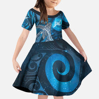 New Zealand Matariki Kid Short Sleeve Dress Maori Koru With Humpback Whale Blue