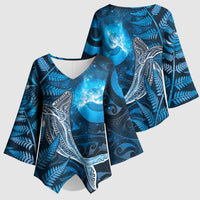 New Zealand Matariki Kimono Sleeve Blouse Maori Koru With Humpback Whale Blue