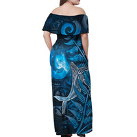 New Zealand Matariki Off Shoulder Maxi Dress Maori Koru With Humpback Whale Blue
