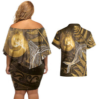 New Zealand Matariki Couples Matching Off Shoulder Short Dress and Hawaiian Shirt Maori Koru With Humpback Whale Gold