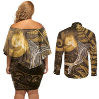 New Zealand Matariki Couples Matching Off Shoulder Short Dress and Long Sleeve Button Shirt Maori Koru With Humpback Whale Gold
