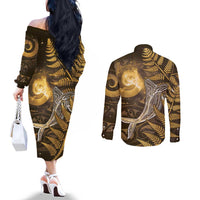 New Zealand Matariki Couples Matching Off The Shoulder Long Sleeve Dress and Long Sleeve Button Shirt Maori Koru With Humpback Whale Gold