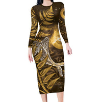 New Zealand Matariki Family Matching Long Sleeve Bodycon Dress and Hawaiian Shirt Maori Koru With Humpback Whale Gold
