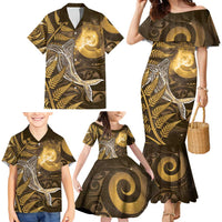 New Zealand Matariki Family Matching Mermaid Dress and Hawaiian Shirt Maori Koru With Humpback Whale Gold