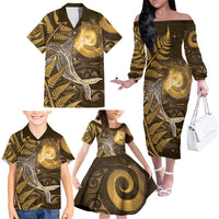 New Zealand Matariki Family Matching Off The Shoulder Long Sleeve Dress and Hawaiian Shirt Maori Koru With Humpback Whale Gold