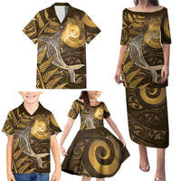 New Zealand Matariki Family Matching Puletasi and Hawaiian Shirt Maori Koru With Humpback Whale Gold