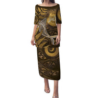 New Zealand Matariki Family Matching Puletasi and Hawaiian Shirt Maori Koru With Humpback Whale Gold