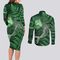 New Zealand Matariki Couples Matching Long Sleeve Bodycon Dress and Long Sleeve Button Shirt Maori Koru With Humpback Whale Green