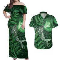 New Zealand Matariki Couples Matching Off Shoulder Maxi Dress and Hawaiian Shirt Maori Koru With Humpback Whale Green