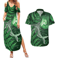 New Zealand Matariki Couples Matching Summer Maxi Dress and Hawaiian Shirt Maori Koru With Humpback Whale Green