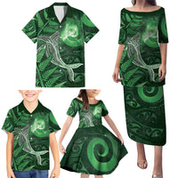 New Zealand Matariki Family Matching Puletasi and Hawaiian Shirt Maori Koru With Humpback Whale Green