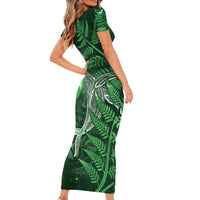 New Zealand Matariki Short Sleeve Bodycon Dress Maori Koru With Humpback Whale Green LT05 - Polynesian Pride