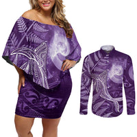 New Zealand Matariki Couples Matching Off Shoulder Short Dress and Long Sleeve Button Shirt Maori Koru With Humpback Whale Purple
