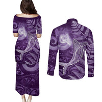 New Zealand Matariki Couples Matching Puletasi and Long Sleeve Button Shirt Maori Koru With Humpback Whale Purple