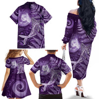 New Zealand Matariki Family Matching Off The Shoulder Long Sleeve Dress and Hawaiian Shirt Maori Koru With Humpback Whale Purple