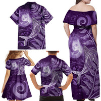 New Zealand Matariki Family Matching Off Shoulder Maxi Dress and Hawaiian Shirt Maori Koru With Humpback Whale Purple