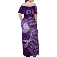 New Zealand Matariki Family Matching Off Shoulder Maxi Dress and Hawaiian Shirt Maori Koru With Humpback Whale Purple