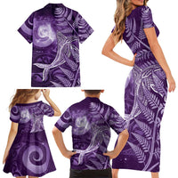 New Zealand Matariki Family Matching Short Sleeve Bodycon Dress and Hawaiian Shirt Maori Koru With Humpback Whale Purple