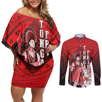 The First King Of Tonga Couples Matching Off Shoulder Short Dress and Long Sleeve Button Shirt Tongan Pride