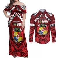 Tonga Emancipation Day Couples Matching Off Shoulder Maxi Dress and Long Sleeve Button Shirt Tongan Kupesi Pattern