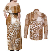 Tonga Kupesi Ngatu Couples Matching Off Shoulder Maxi Dress and Long Sleeve Button Shirt Vintage Brown Plumeria
