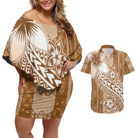 Tonga Kupesi Ngatu Couples Matching Off Shoulder Short Dress and Hawaiian Shirt Vintage Brown Plumeria