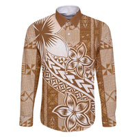 Tonga Kupesi Ngatu Family Matching Off The Shoulder Long Sleeve Dress and Hawaiian Shirt Vintage Brown Plumeria