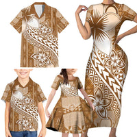 Tonga Kupesi Ngatu Family Matching Short Sleeve Bodycon Dress and Hawaiian Shirt Vintage Brown Plumeria