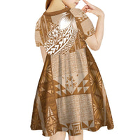 Tonga Kupesi Ngatu Kid Short Sleeve Dress Vintage Brown Plumeria