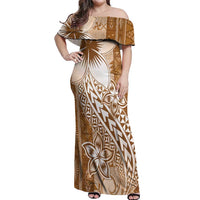 Tonga Kupesi Ngatu Off Shoulder Maxi Dress Vintage Brown Plumeria