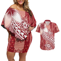 Tonga Kupesi Ngatu Couples Matching Off Shoulder Short Dress and Hawaiian Shirt Vintage Red Plumeria