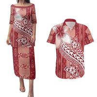 Tonga Kupesi Ngatu Couples Matching Puletasi and Hawaiian Shirt Vintage Red Plumeria
